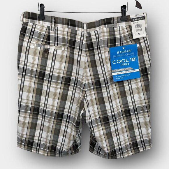 HAGGAR Cool 18 Pro Plaid Golf Shorts 36W Putty Expandable Waist UV Quick-Dry NWT - Picture 2 of 10
